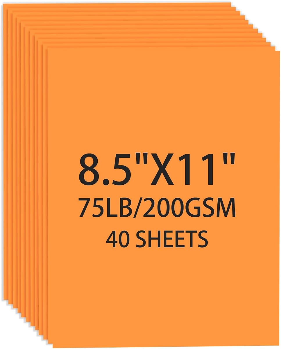 Cartulina naranja claro 8,5 x 11, 40 hojas de cartulina naranja neón, 75 lb/200 g/m2 papel de copia e impresora de color naranja brillante para arte de Halloween, tarjetas de bricolaje, manualidades, construcción, suministros escolares y de oficina