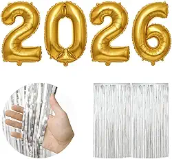 Balão 2026 Dourado 75cm + 2 Cortinas Prata Kit Premium para Réveillon