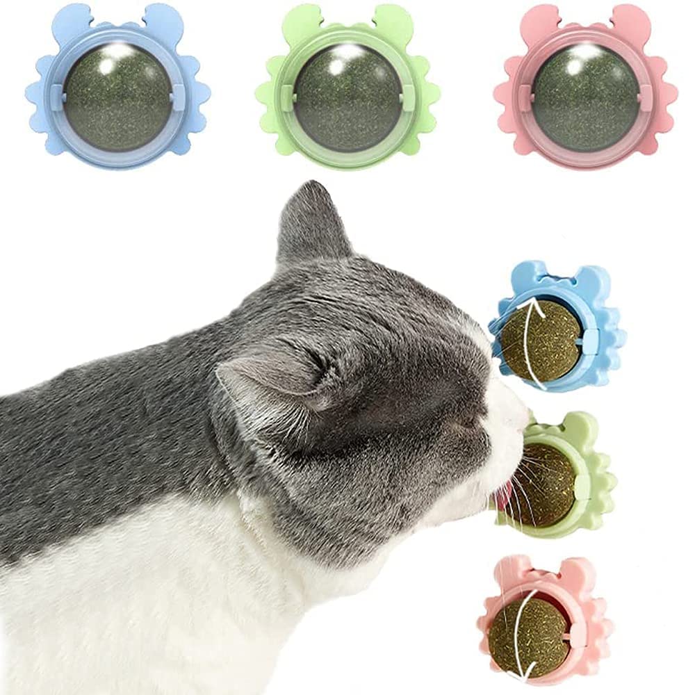 Catnip Wall Ball, 3-Piece Cat Toys, Edible Cat Licking Toy, Cat Chew Toy, Teeth Cleaning Cat Bite Toy, Rotatable Indoor Cat Toy, Cat Wall Decoration