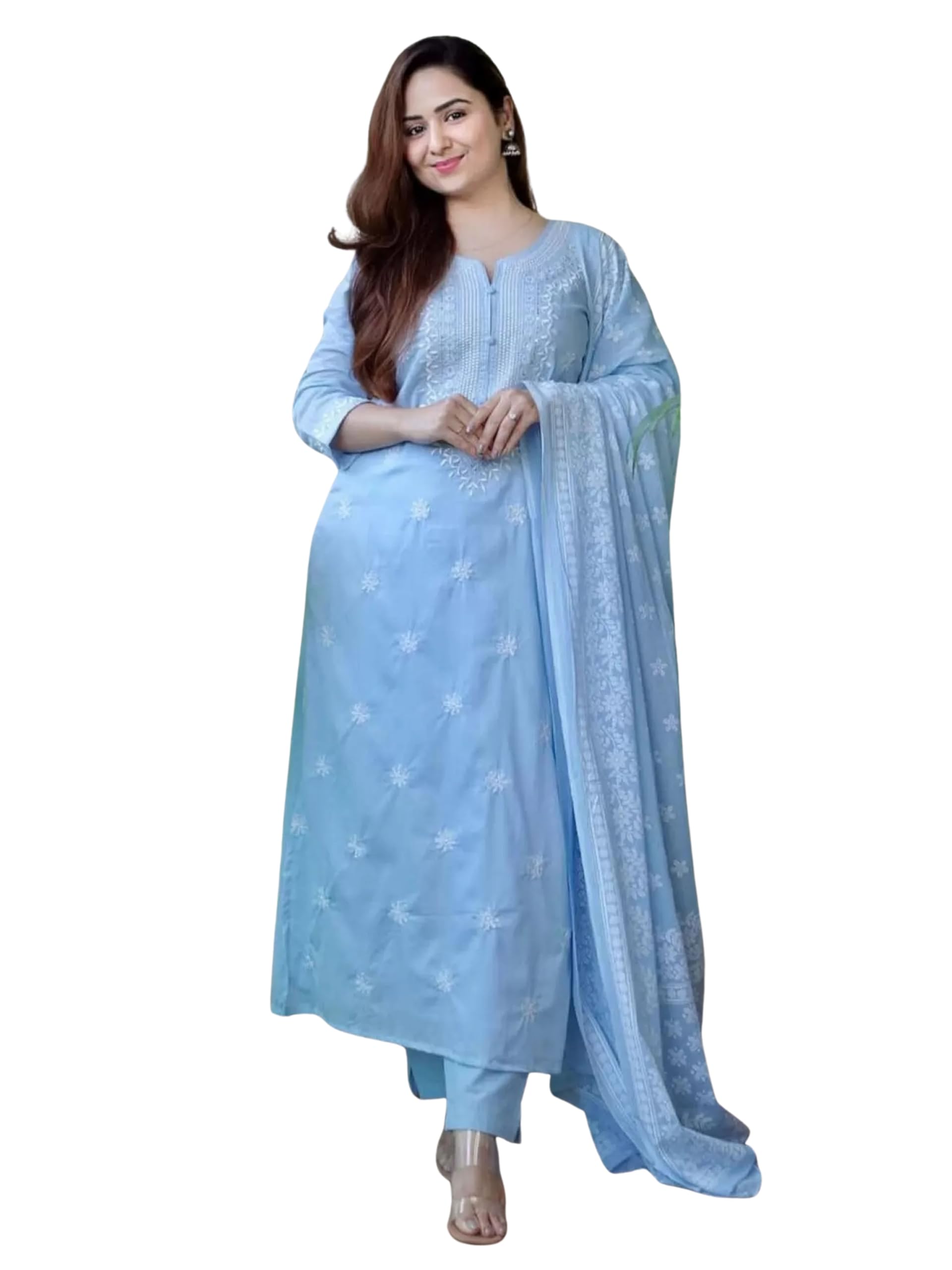 dream royal Women's Cotton Blend Embroidered Kurta Pant Ensemble with Matching Dupatta - Ethnic Festive Suit Featuring Floral Threadwork Yoke and Elegant Notched Neckline-picture-38