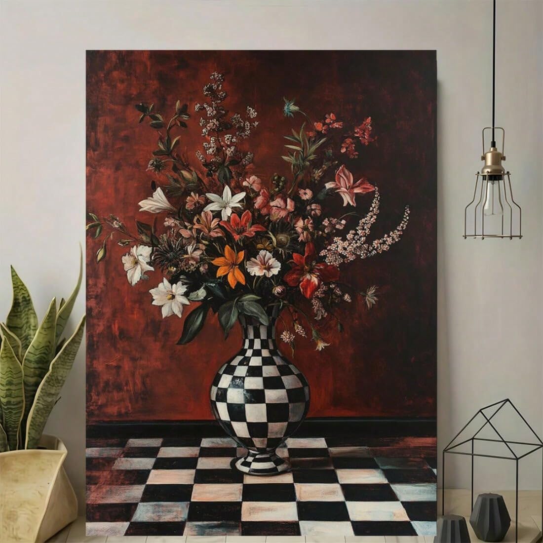 TZKBDMA Elegant Floral Still Life Canvas Art With Checkered Vase & Floor – Vintage Botanical Print for Living Room(80x120cm/Without frame)