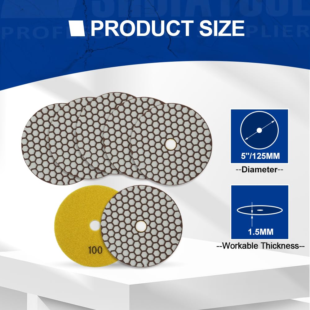 SHDIATOOL Almohadillas de pulido de diamante seco de 12,7 cm, grano 100, para granito, mármol, cuarzo, paquete de 7