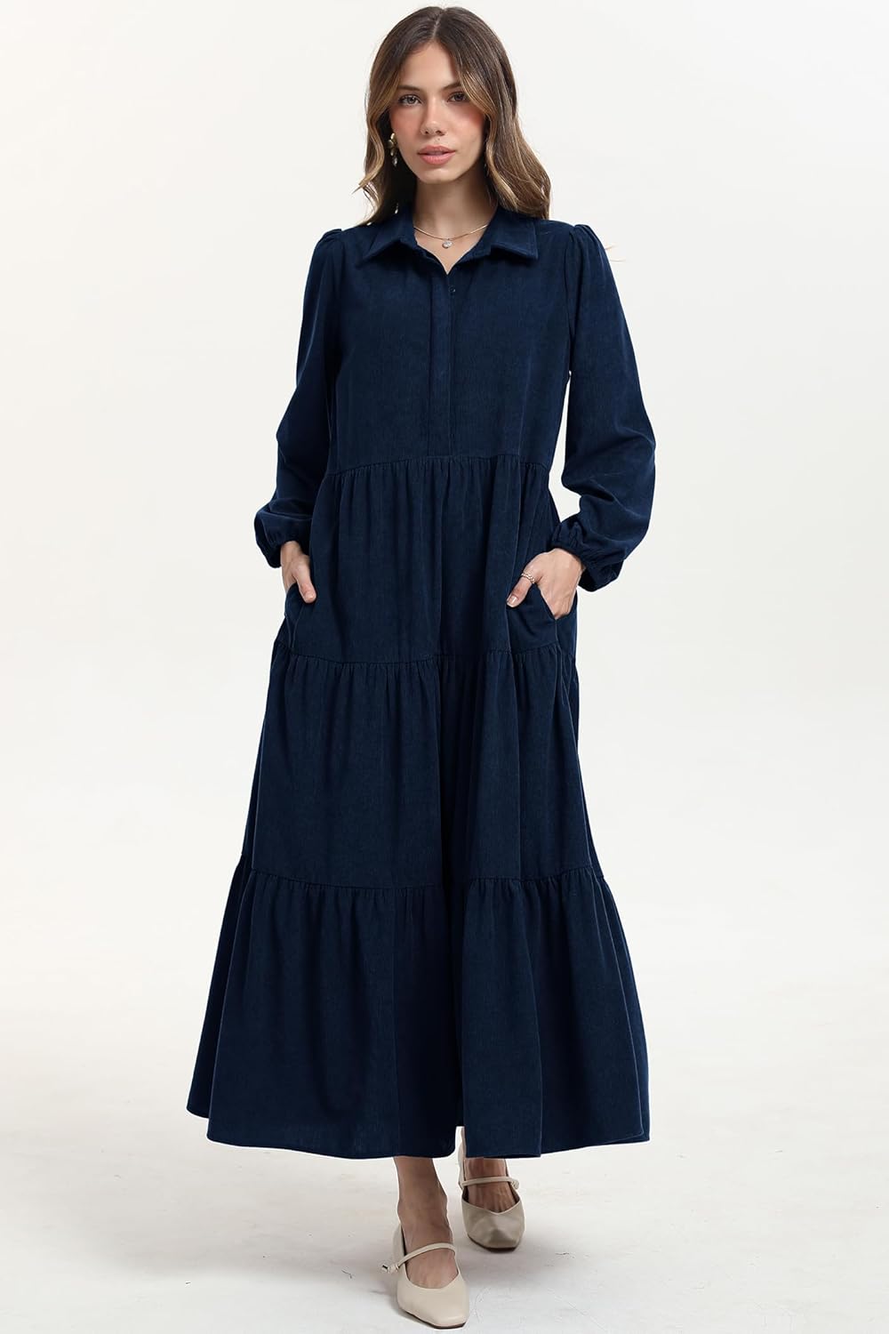 D-Sun Women Corduroy Maxi Dress Casual Long Sleeve Button Down Fall Winter Shirt Long Tiered Flowy Corduroy Dress with Pocket - Image 2
