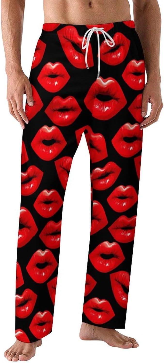 Highland Cow Heart Rose Valentine's Day Pajama Pants for Men Soft Warm Sleepwear Lounge Bottoms Pants with Pockets