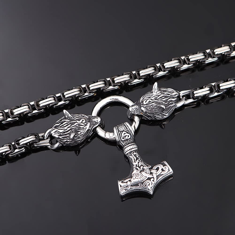 YABEME Männer Wikinger König Kette Halskette, Thor Hammer Mjolnir Edelstahl Vintage Amulett Anhänger Schmuck, mit Valknut Rune Geschenktüte