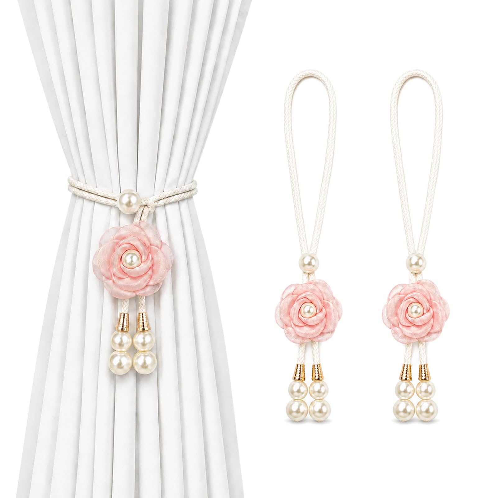 Pink Floral Curtain Ropes 2 PCs Adjustable Pearl Curtain Holder