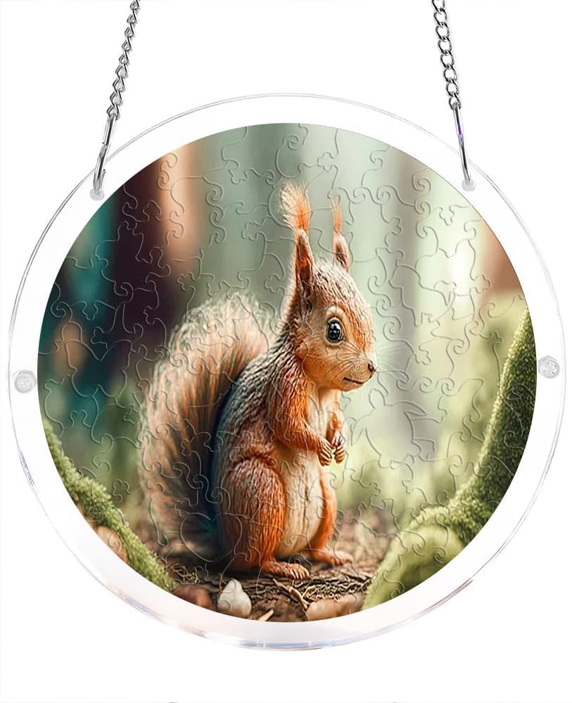 Squirrel in Forest- Acrylic Jigsaw Puzzles Suncatcher, 8.2 Inch Window Hanging Suncatcher Acrylic Puzzle, DIY Home Decor Art Gift