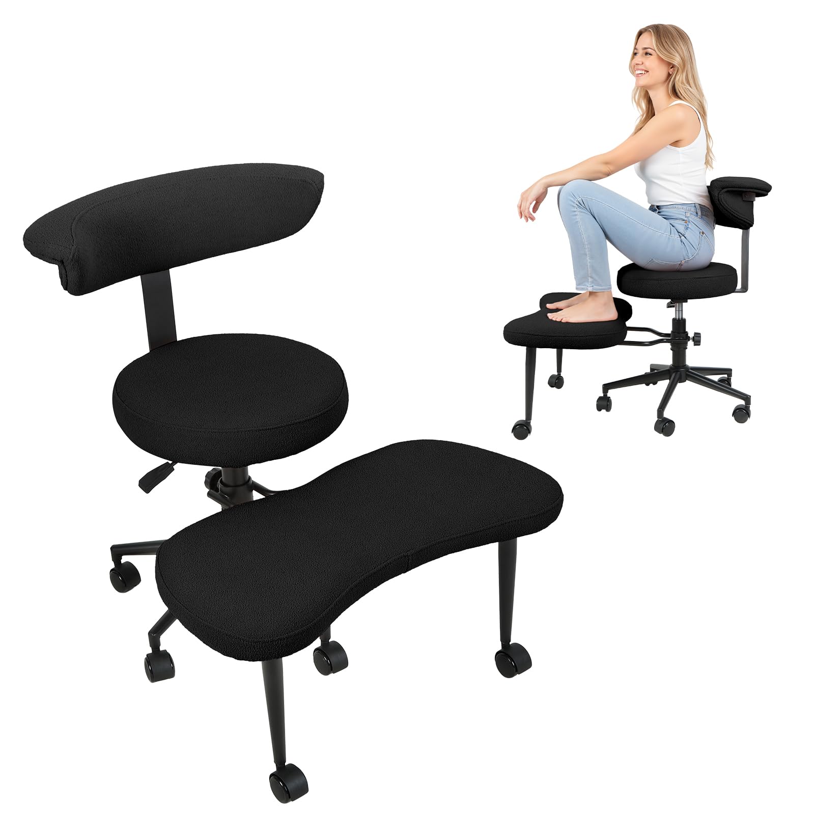 Meditationsstuhl mit Kreuzsitz-Design, fahrbarer Bürostuhl für Erwachsene mit ADHS, höhenverstellbare Lordosenstütze, Schwarz-C