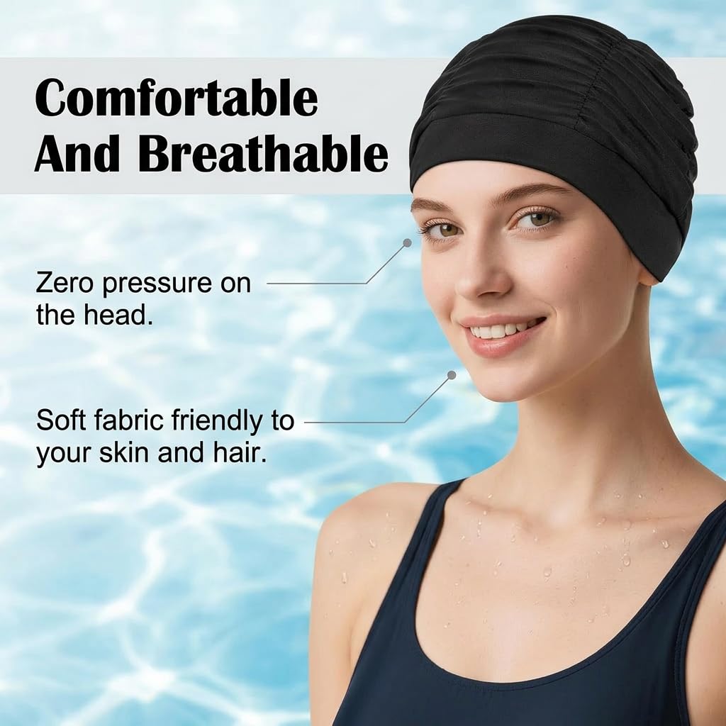 Gorro de Natación Mujer [Pack de 2] - Gorro de Baño de Tela Negro Elástico para Pelo Largo Transpirable para Piscina Playa y Aquagym Talla Universal Negro