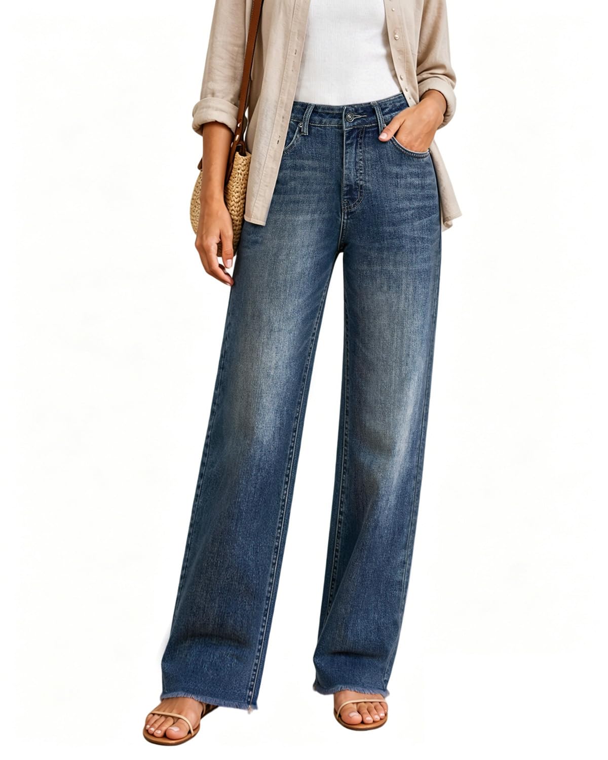 View 1 of [LONG] UPNET Women's Relaxed Straight Leg Jeans - Dark Blue, Size 4, LONG