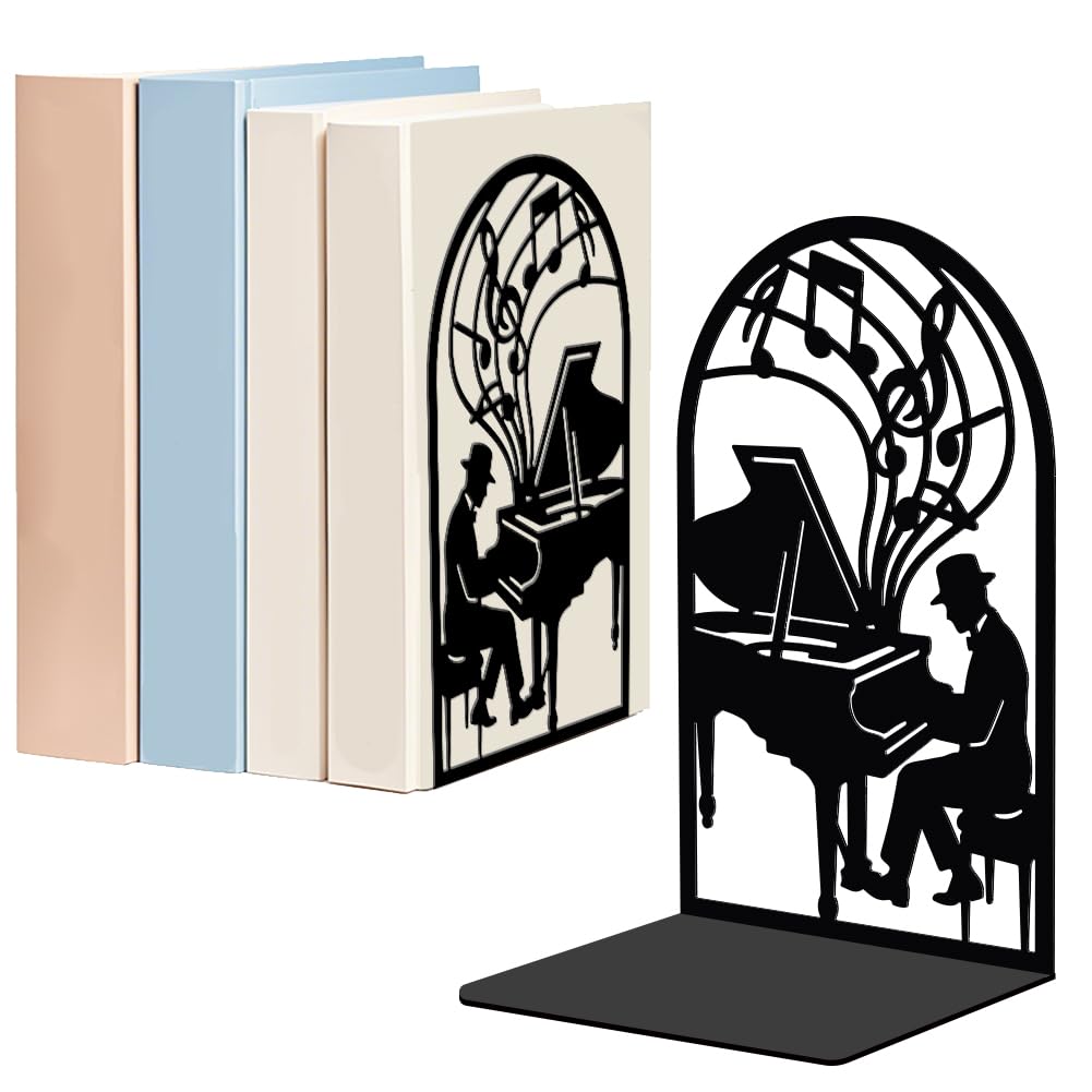 WADORN 1 Pair A Person Playing the Piano Metal Decorative Bookend for Shelves, Heavy Duty Book Ends Modern Non-Skid Books Holder Stand Black Book Support Stoppers for Desk Bookshelf, 5.3x4.3x7.8 Inch