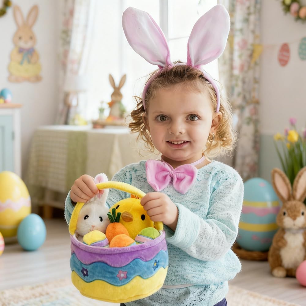 7 Pcs Easter Basket Plush Playset with Bunny Chick Egg Carrot, My First Easter Bakset Stuffers Toys Gifts Prefilled with Animals for Baby Toddler Kids Boys Girls