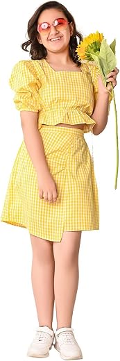 LILPICKS Girls Checkered Balloon Sleeves Top with Wrap Skirt Set (Yellow)