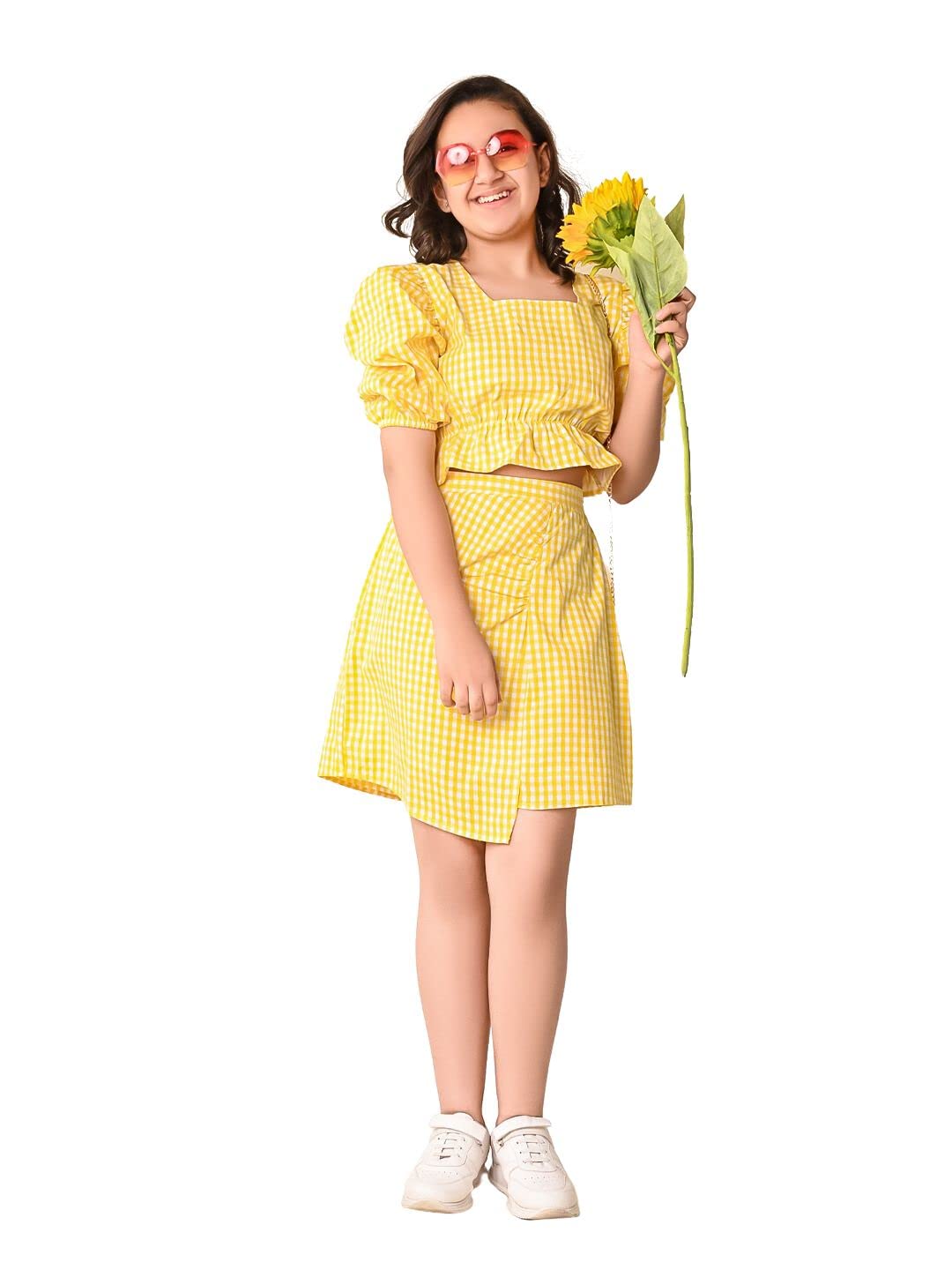 LILPICKS Girls Checkered Balloon Sleeves Top with Wrap Skirt Set (Yellow)