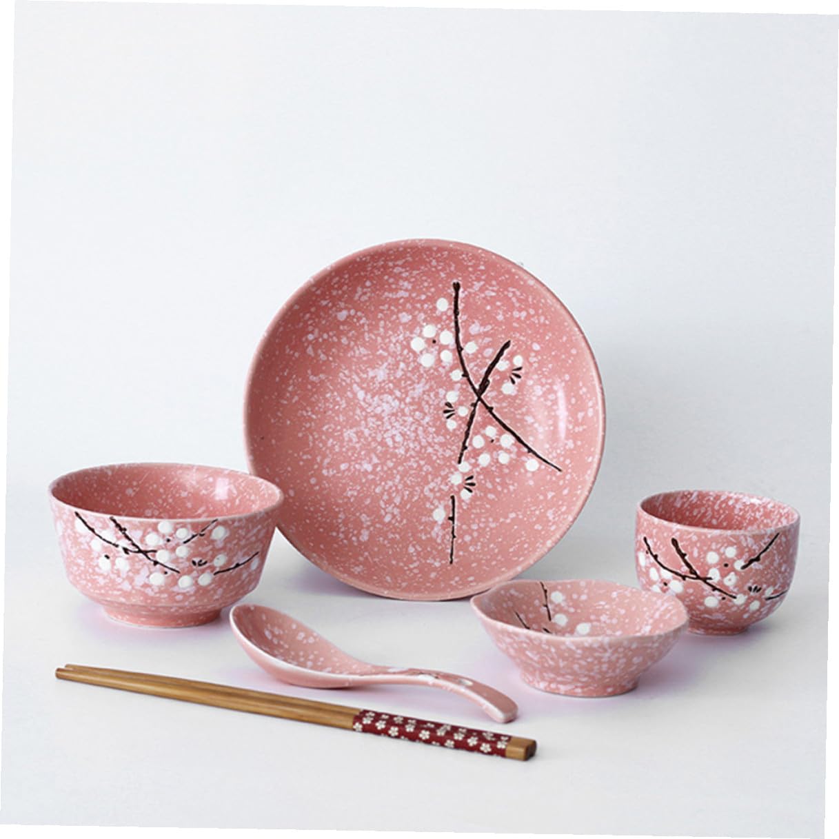 Posate Ceramica Giapponese Rosa per Uso Domestico Set Stoviglie Delicate con Ciotole Piatti e Cucchiai Materiale Sicuro Facile da Pulire per Uso Quotidiano e Feste