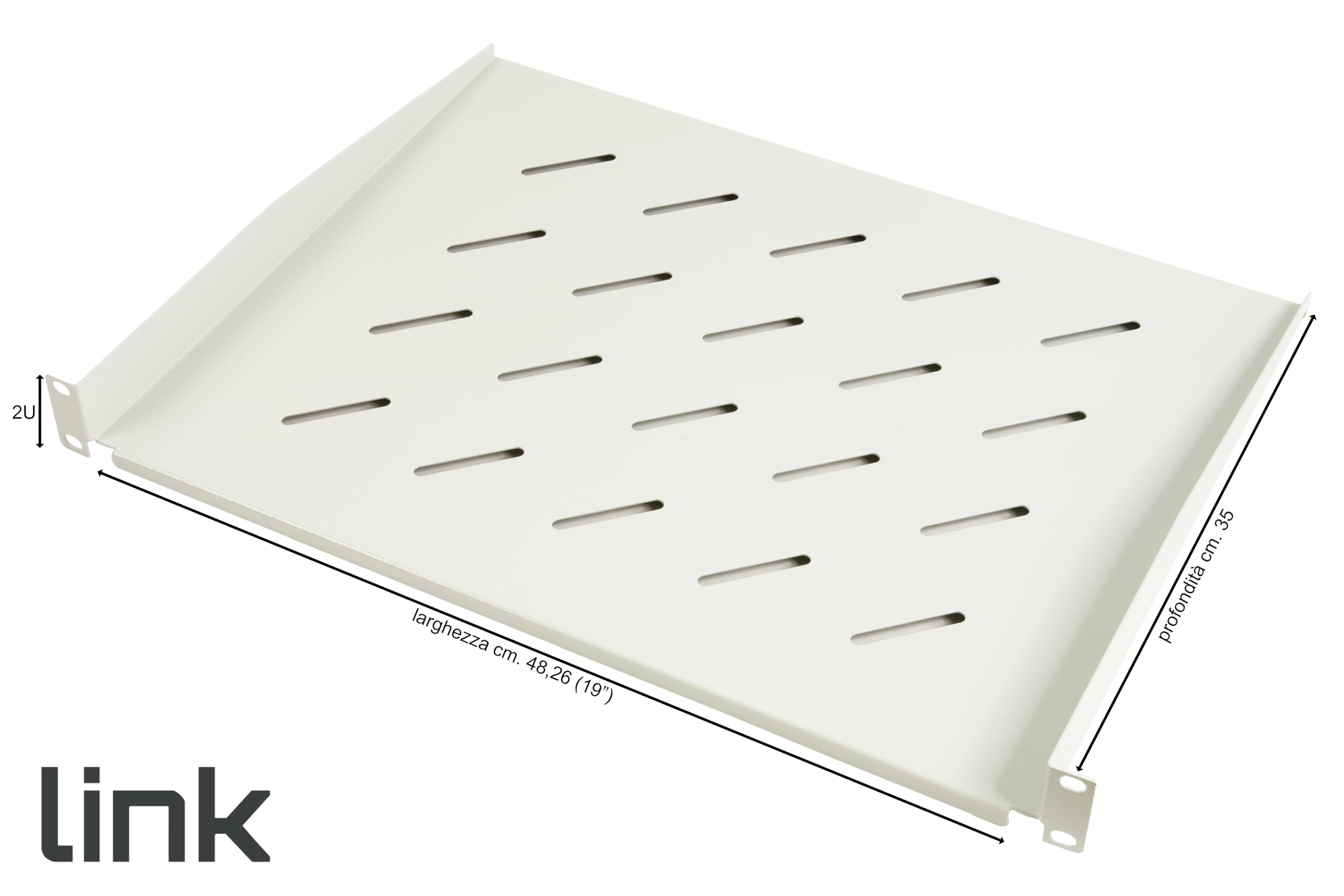 LINK LKRIP350G - Mensola per armadio rack LKRIP350G (48x35x4,5 cm, grigio chiaro RAL7035) – Acciaio verniciato a polvere con attacchi frontali universali – Portata 20 kg e viti incluse