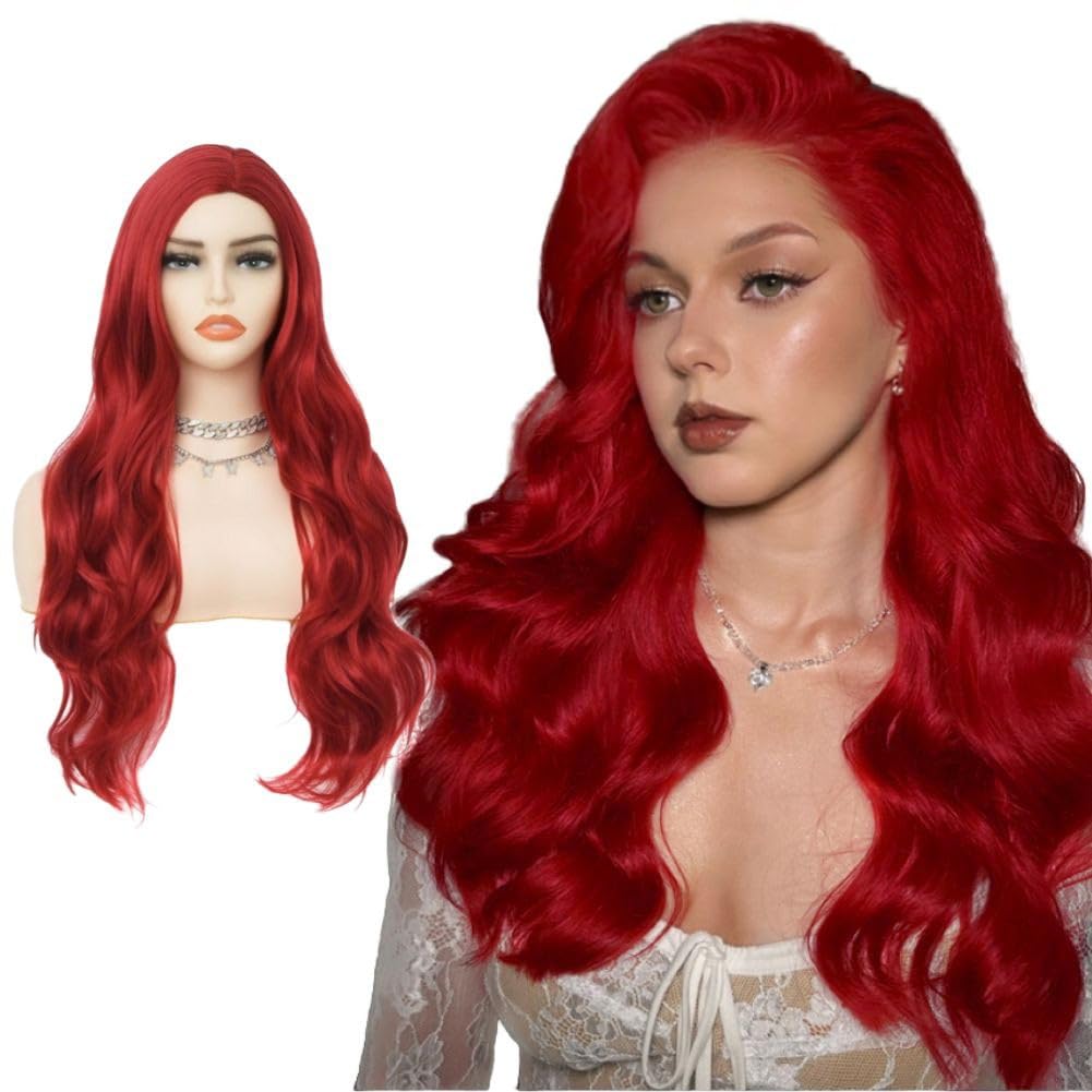 Red Long Wave Wigs for Women Curly Side Part Natural Synthetic Halloween Wig for Cosplay Costume Hair Wig