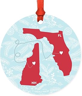 Andaz Press Round Keepsake Christmas Ornament Long Distance Gift, Florida and New Hampshire, Winter Blue and Red, 1-Pack, Metal Moving Away Graduation University College Gifts for Him Her