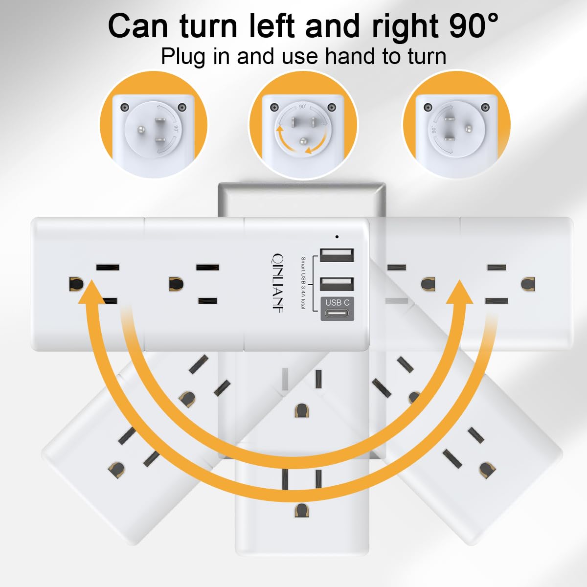 USB Outlet Extender Surge Protector - QINLIANF Rotating Plug, 3-Sided Swivel Power Strip, 6 AC Spaced Outlet Splitter and 3 USB Ports (1 USB C) for Travel, Home, Office, ETL — Amazon image 3