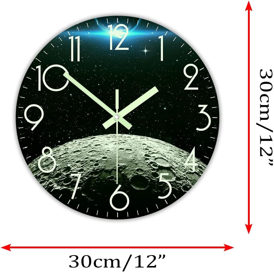 The Geeky Days Earth and Moon Glow in the Dark Wall Clock, Battery Operated Silent Quartz Universal Lunar Surface Luminous 12inch Acrylic Print Hanging Watch for Bedroom Astronomy Home Decor
