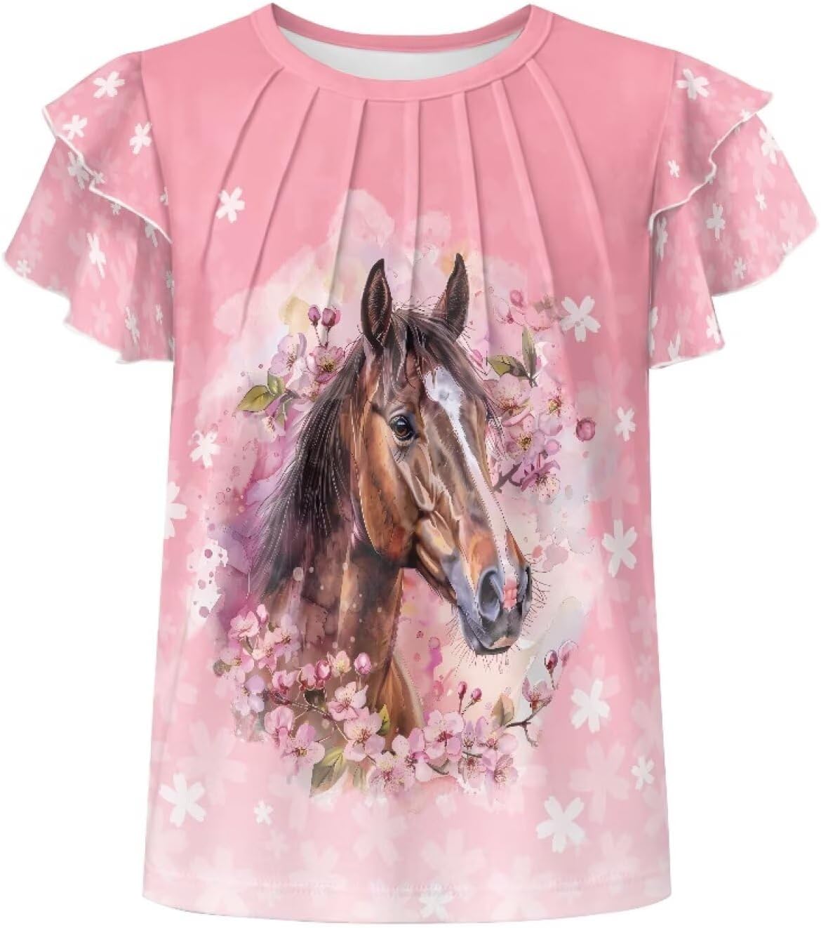 Girls Ruffle Sleeve T Shirts Cute Graphic Tees for Kids 5-12 Comfy Casual Top