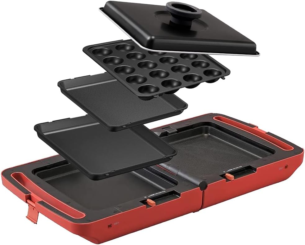 アイリスオーヤマ ホットプレート 両面ホットプレート 平面プレート たこ焼きプレート 焼き肉プレート 3枚 蓋付き 折り畳み 同時調理 丸洗い可 保証付き コンパクト収納 DPOL-301-R レッド