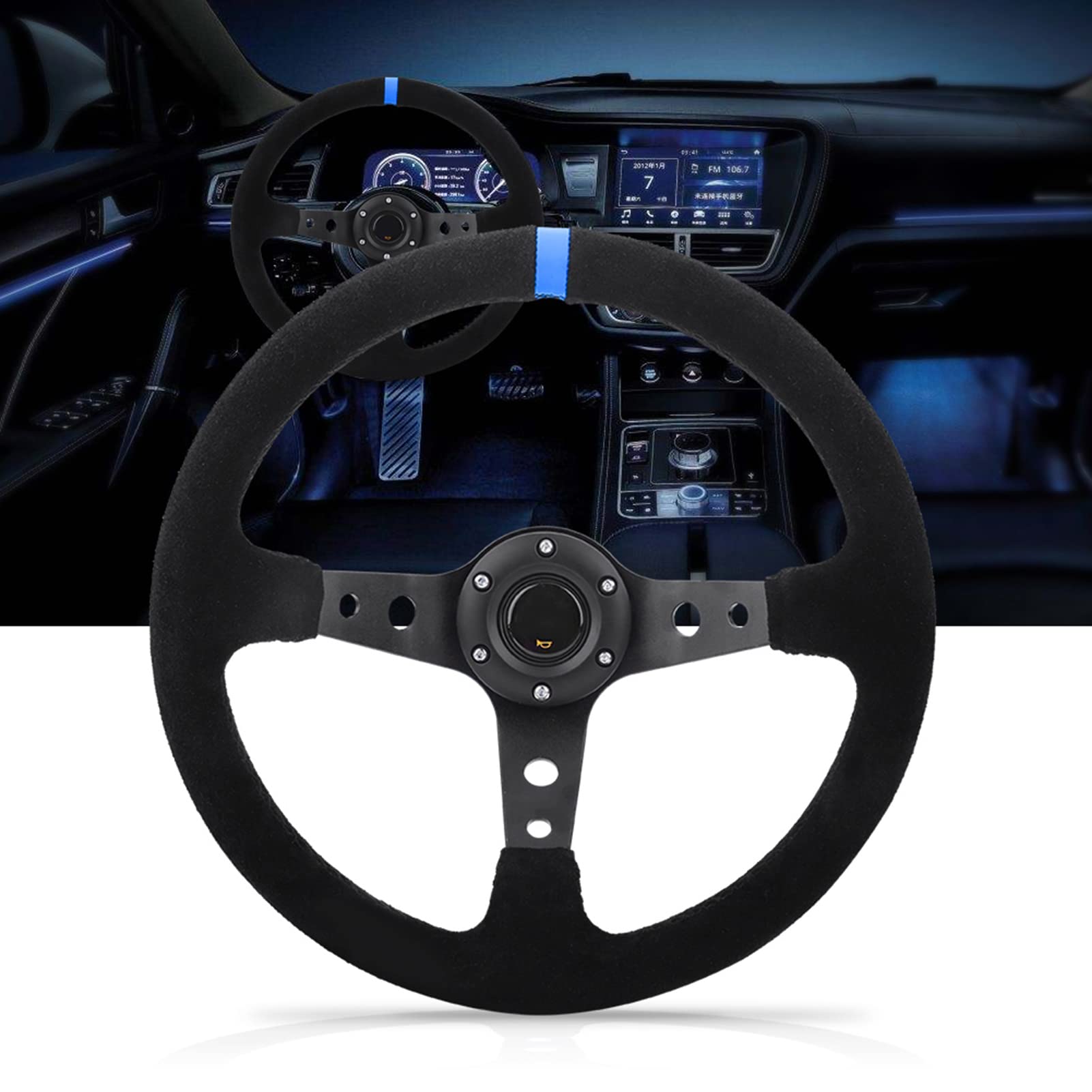 Volante universale da 35 cm 14 pollici a 6 bulloni Volante da corsa per auto con clacson Modifica auto Pelle scamosciata Telaio nero Volante sportivo alla deriva (Blue)