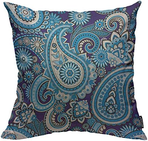 Mugod Throw Pillow Cover Blue Persian Based on Traditional Asian Paisley Monochrome India Home Decorative Square Pillow Case for Men Women Boy Gilrs Bedroom Livingroom Cushion Cover 18x18 Inch