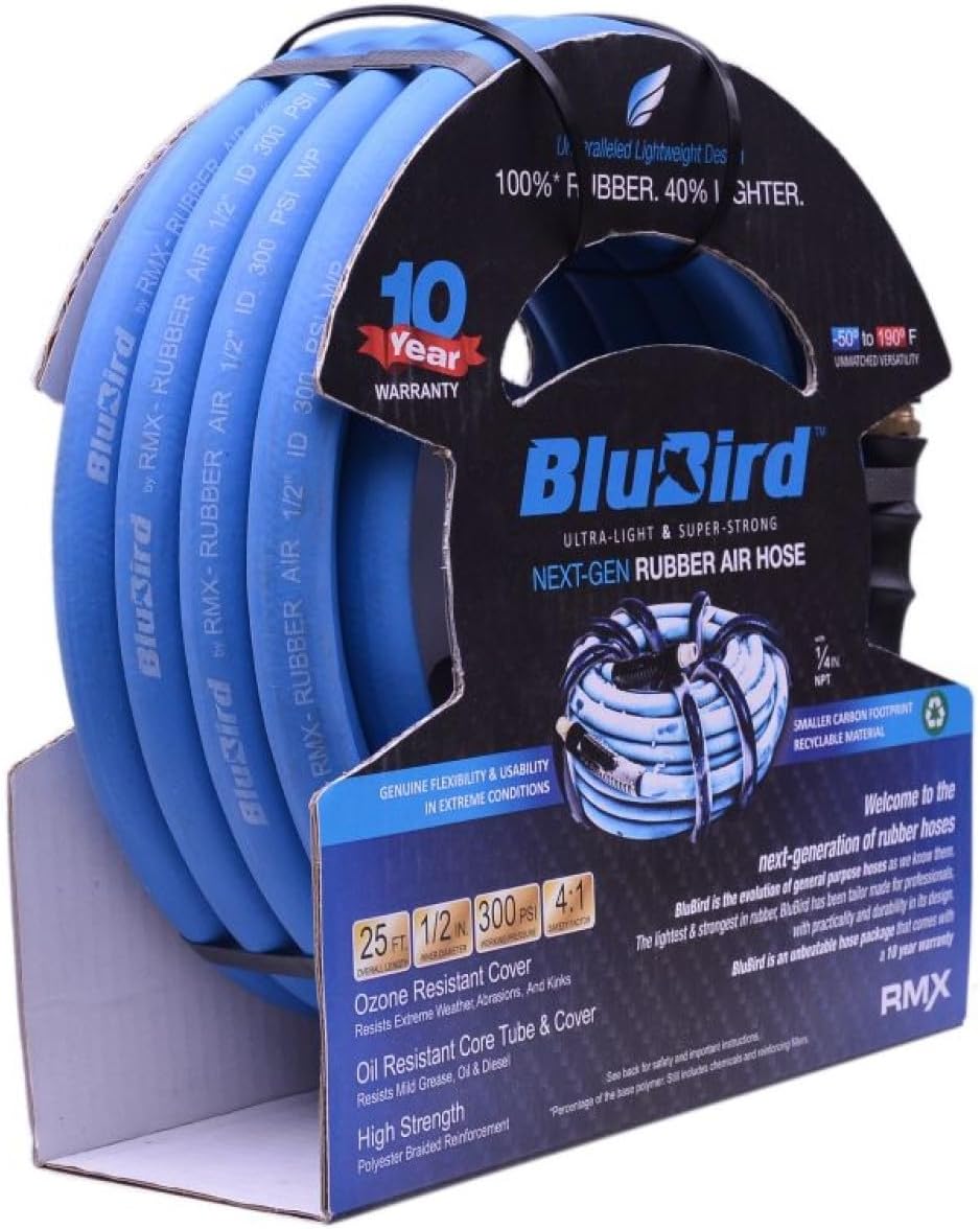 BLUBIRD BB1225 1/2" x 25' Rubber Air Hose, 100% Rubber, Lightest, Strongest, Most Flexible, 300 PSI, 50F to 190F Degrees, Ozone Resistant, High Strength Polyester Braided