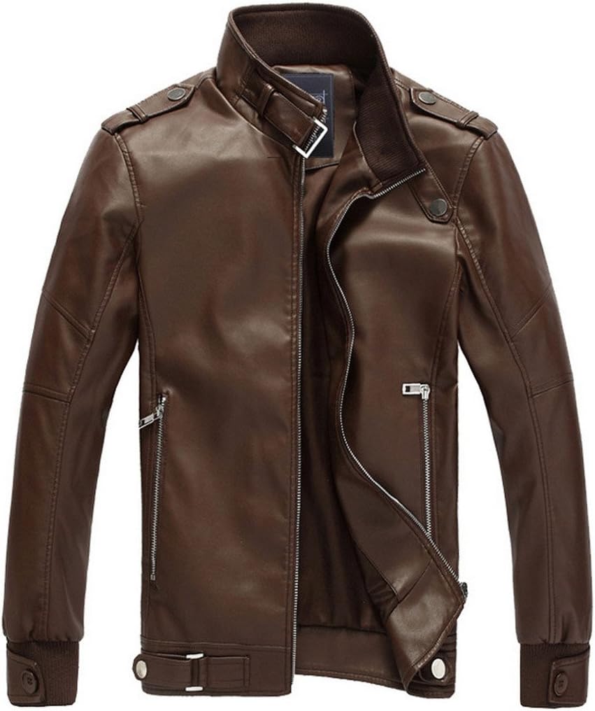 YGT Young Men Stand Collar Fushion PU Faux Leather Jacket Motor Coat