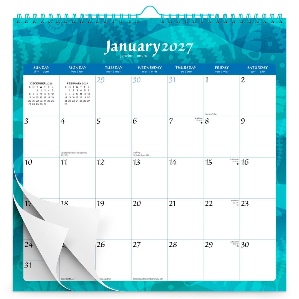 Seaside Currents | 2027 12 x 12 Inch (Hanging) Monthly Square Wire-O Calendar | Sticker Sheet | BrownTrout | Stationery Planning