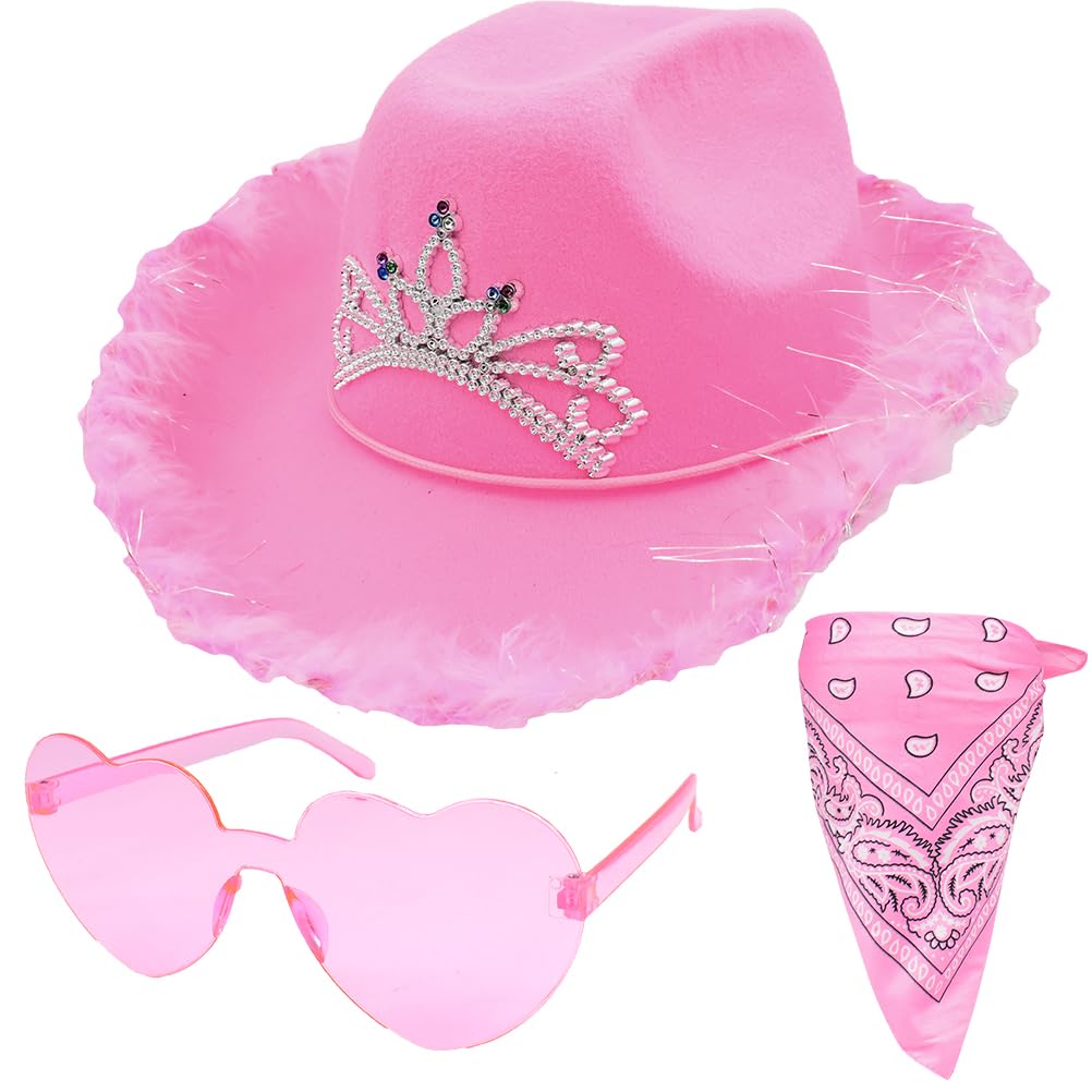 BSNRDX Cowboy Hat Pink Cowgirl Hat with Sequins Tiara Crown for women Rodeo Party Hats with Heart Glasses pink bangana
