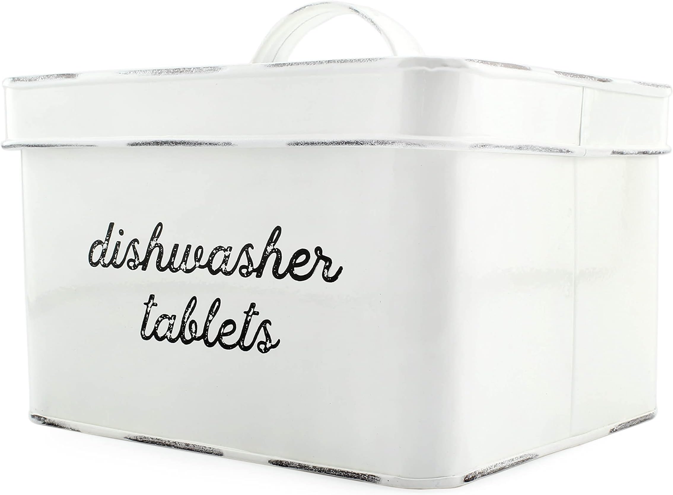 AuldHome Design Dishwasher Pod Holder, Tablet Container; White Enamelware Rustic Kitchen Storage Tin w/Lid