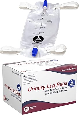 Dynarex Urinary Leg Bag, for Use with Catheter, has a Non-Drip Closure & Anti-Reflux Valve, 600 ml20 oz Capacity, Medium, White, 1 Box of 12 Leg Bags