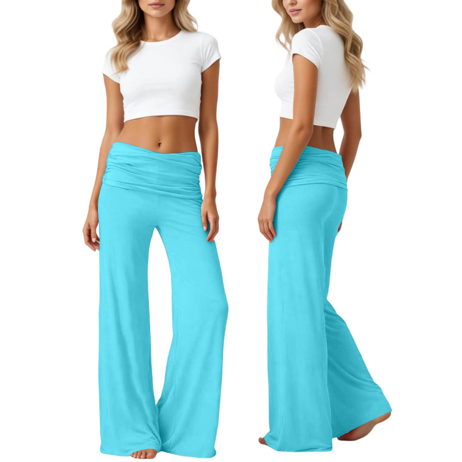 Coral Fold Over Yoga Pants damskie szerokie spodnie z marszczeniem, luźne spodnie koralowe, spodnie do jogi, koralowe, plisowane, szerokie spodnie Palazzo, z wysokim ściągaczem