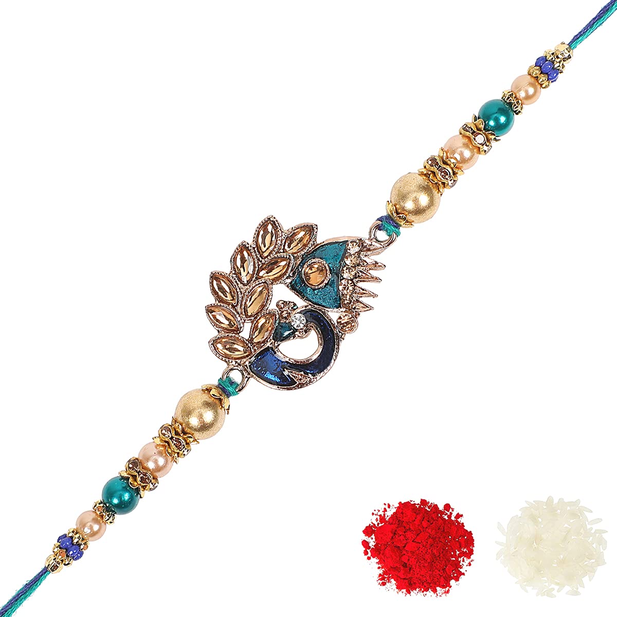 Riddhika Ventures Stylish Peacock Feather and Kundan Rakhi Bracelet with Roli Chawal and Greeting Card (K2) (B07DZM12JB) Amazon Price History, Amazon Price Tracker