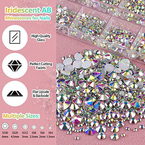 1.5-6Mm Round Flatback Face Gems Kit (Ab) For Makeup With Quick Dry Glue + Brush + Tweezer, Nail Art Rhinestones Iridescent Glass Crystal Beads For Make-Up Deco #TOP1