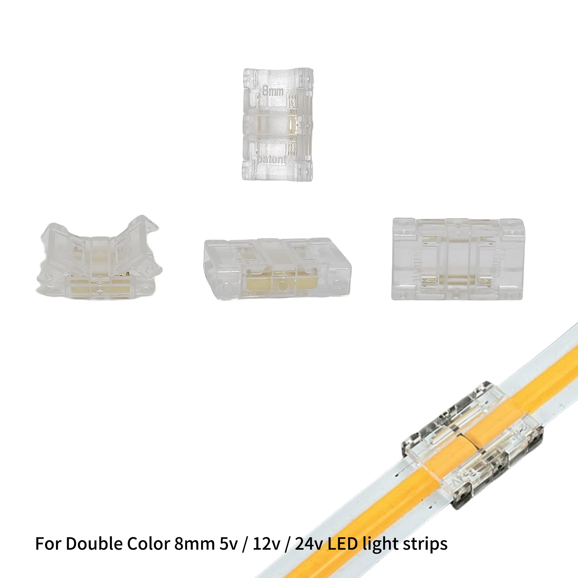 Clearhill 8mm 3Pin 20Pcs Transparent Solderless LED Light Strip Connectors,Strip to Strip Connectors,For Double Color 5V/12V/24V LED Strips,No Soldering Required,Secure Connection - Image 2
