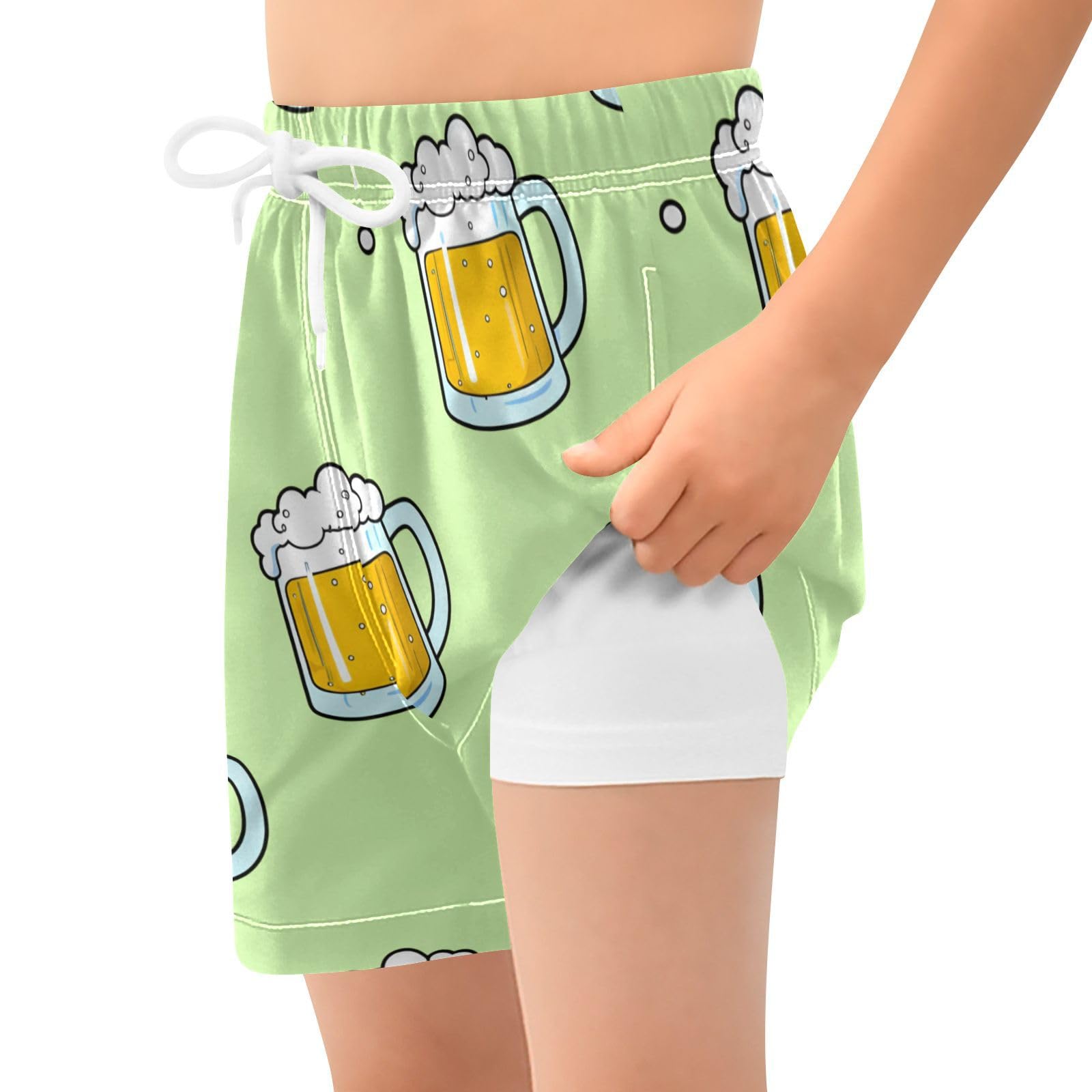 YANENDIE Boy Swim Trunks with Compression Liner Beer Mug Cartoon Boys Swim Shorts Quick Dry Beach Shorts