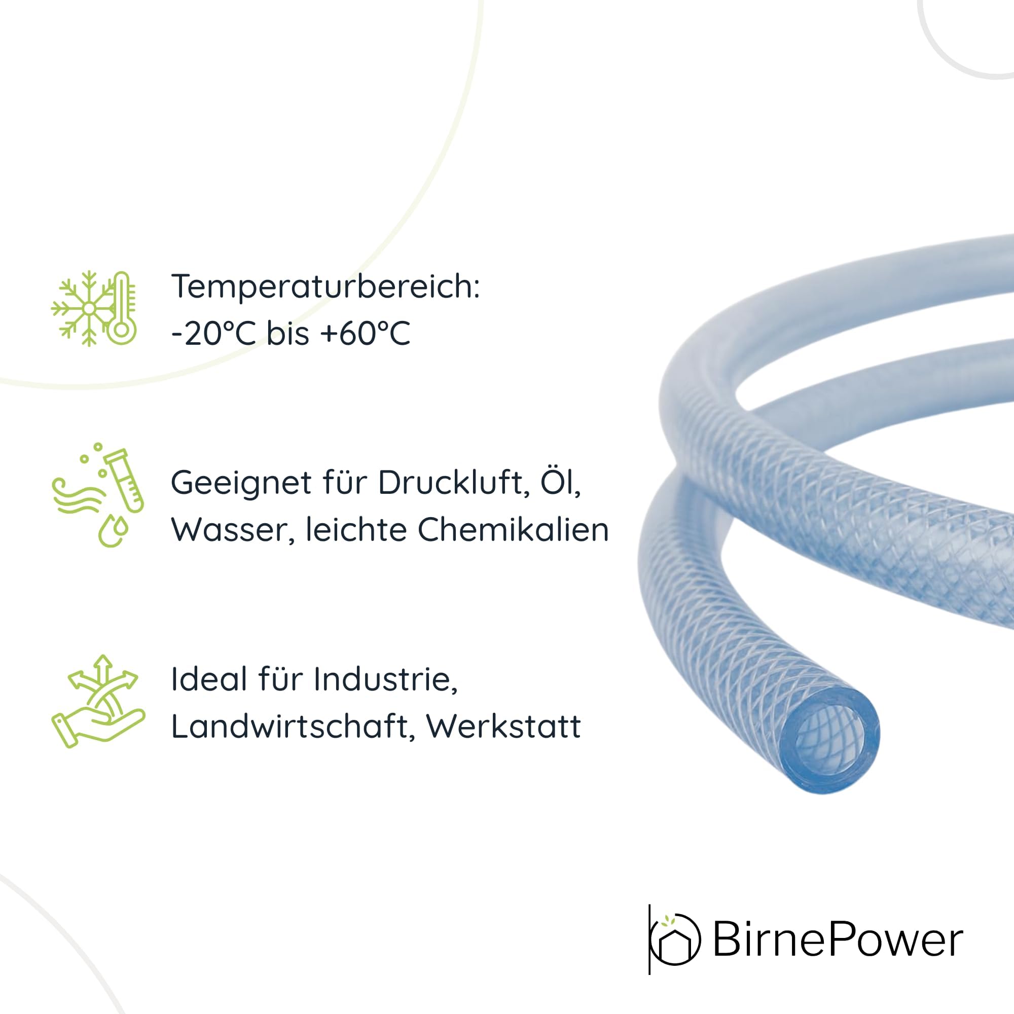 Druckluftschlauch PVC Transparent 50m (Innen Ø 6mm / Wand 2.5mm) – Gewebeschlauch 3-lagig Öl- & Benzinbeständig, Flexibler Wasserschlauch für Kompressor, Luft & Chemikalien