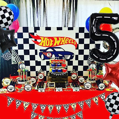Image of TONIFUL 40 Inch Race Car 5th Birthday Balloons - Racetrack Number 5, Wheel Tire, Black White Checkered, Star - Boys Car Themed Party Decor