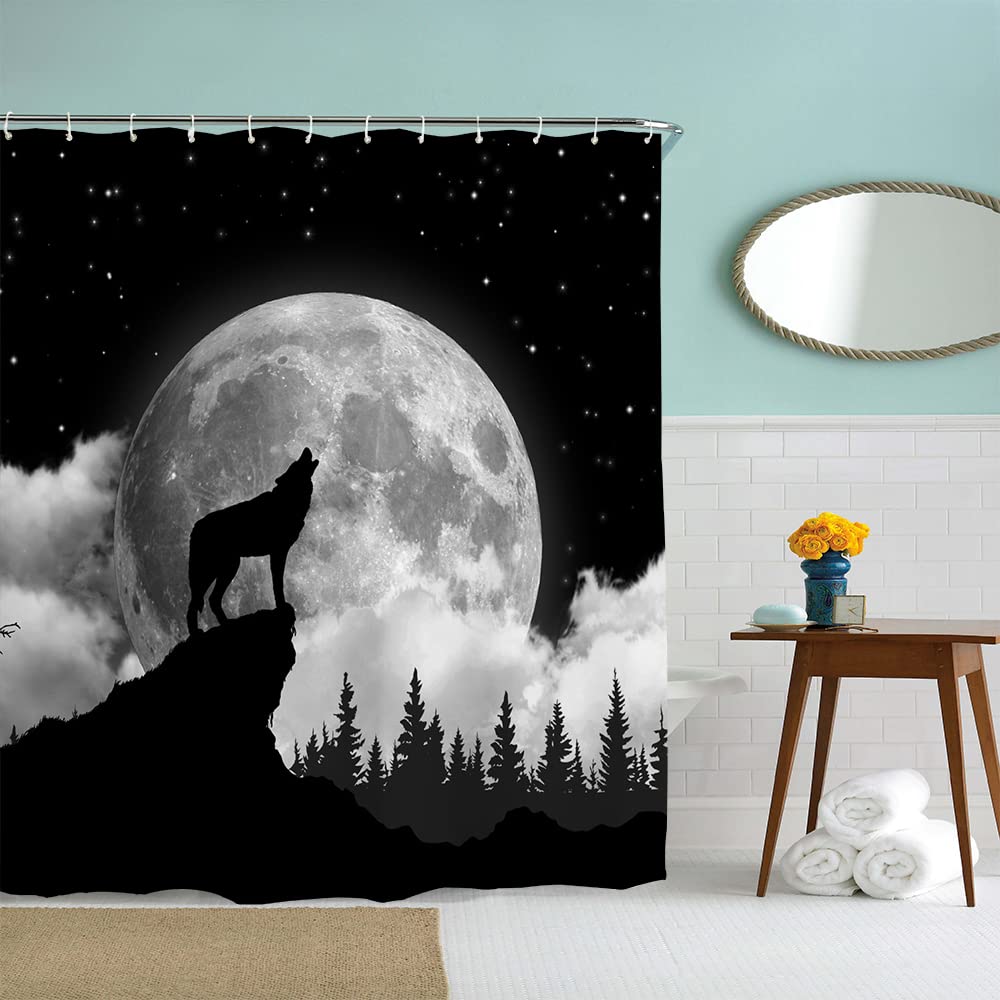 Rideau De Douche Motif Loup Et Feuilles D'érable - Tissu Polyester Imperméable 157x183 Cm, 12 œillets - Déco Artistique Moderne Pour Salle De Bain