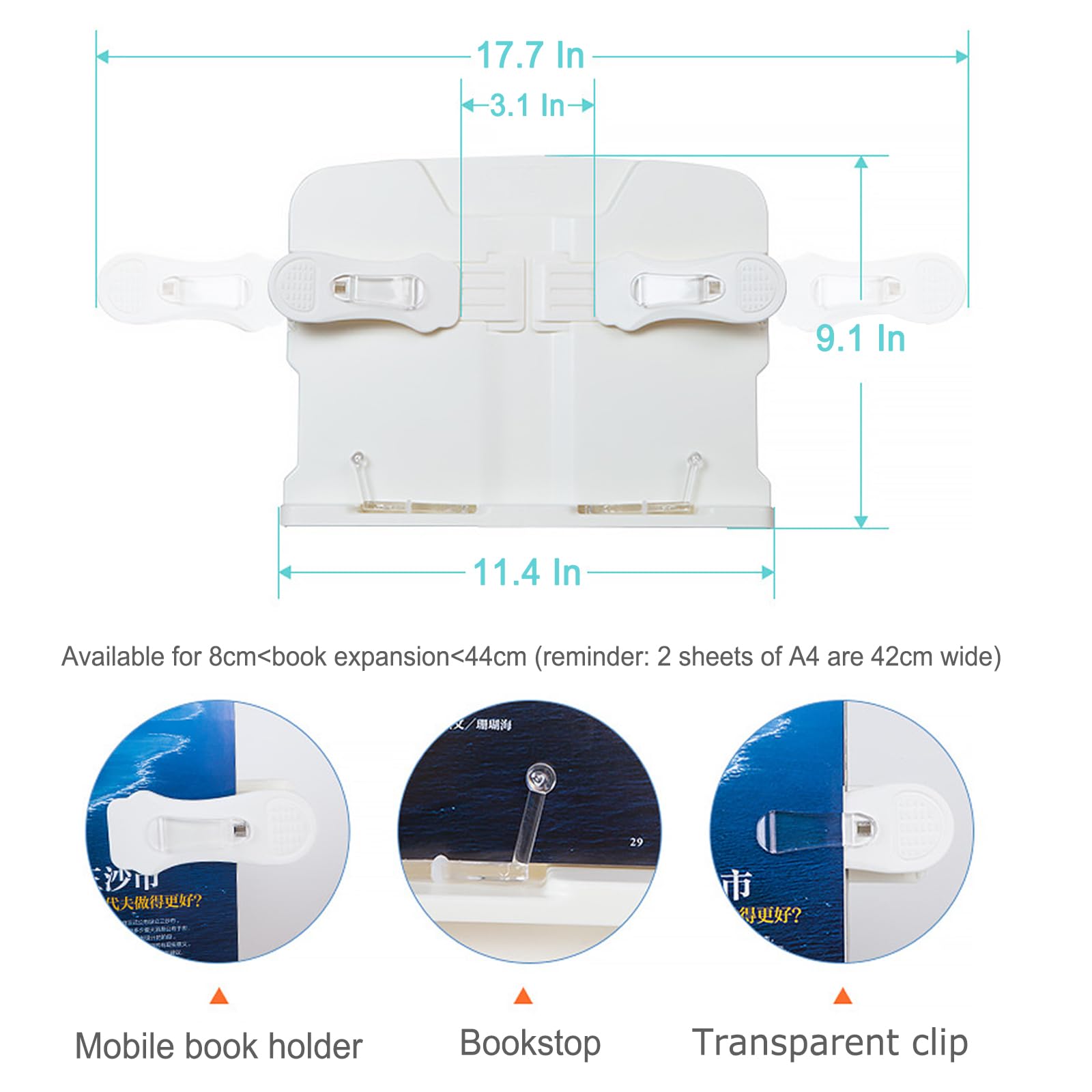 Supporto regolabile per libri con morsetto, per tablet e telefono, con clip per pagine a mani libere e supporto da scrivania girevole.