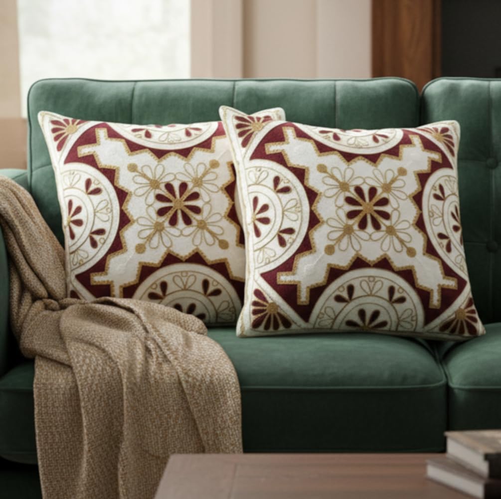 Purpledip Cotton Throw Pillow Cushion Covers 'Pattern Melody': Ethnic Design Embroidery, Set of 2, 16 Inches (12445J)