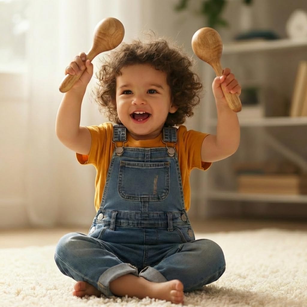 Set de Instrumentos Musicales de Madera Stoie’s para Niños de 1-9 Años – Tambor, Flauta, Maracas, Campanitas, Castañuelas, Pandereta, Juguete Montessori Educativo, Seguro, con Bolsa de Algodón