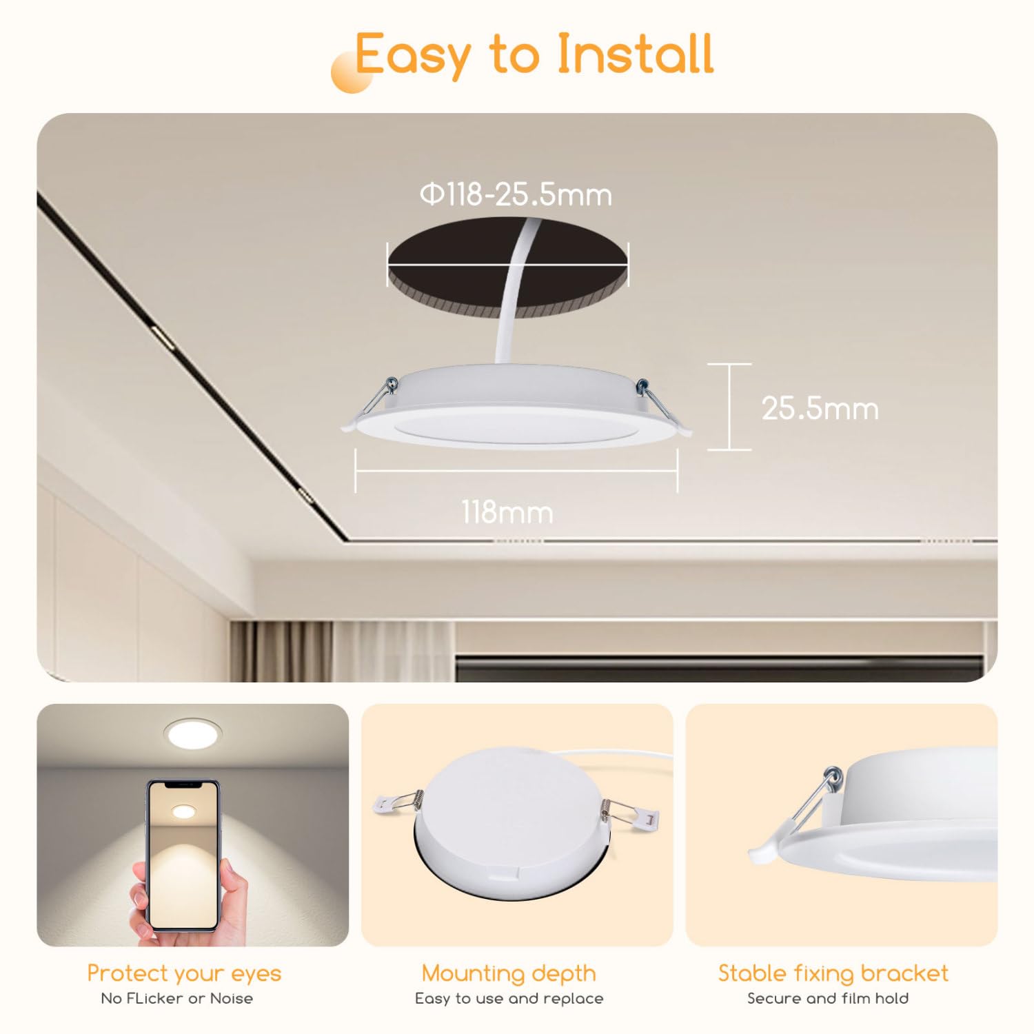 Aigostar LED Spot Encastré, haute luminosité, Spots LED Encastrables Plafond, 9W equivalent 72W incandescence, AC 230V, Lumière naturelle 4000K, pour salle de bain, salon, Ф118-128mm, Lot de 6