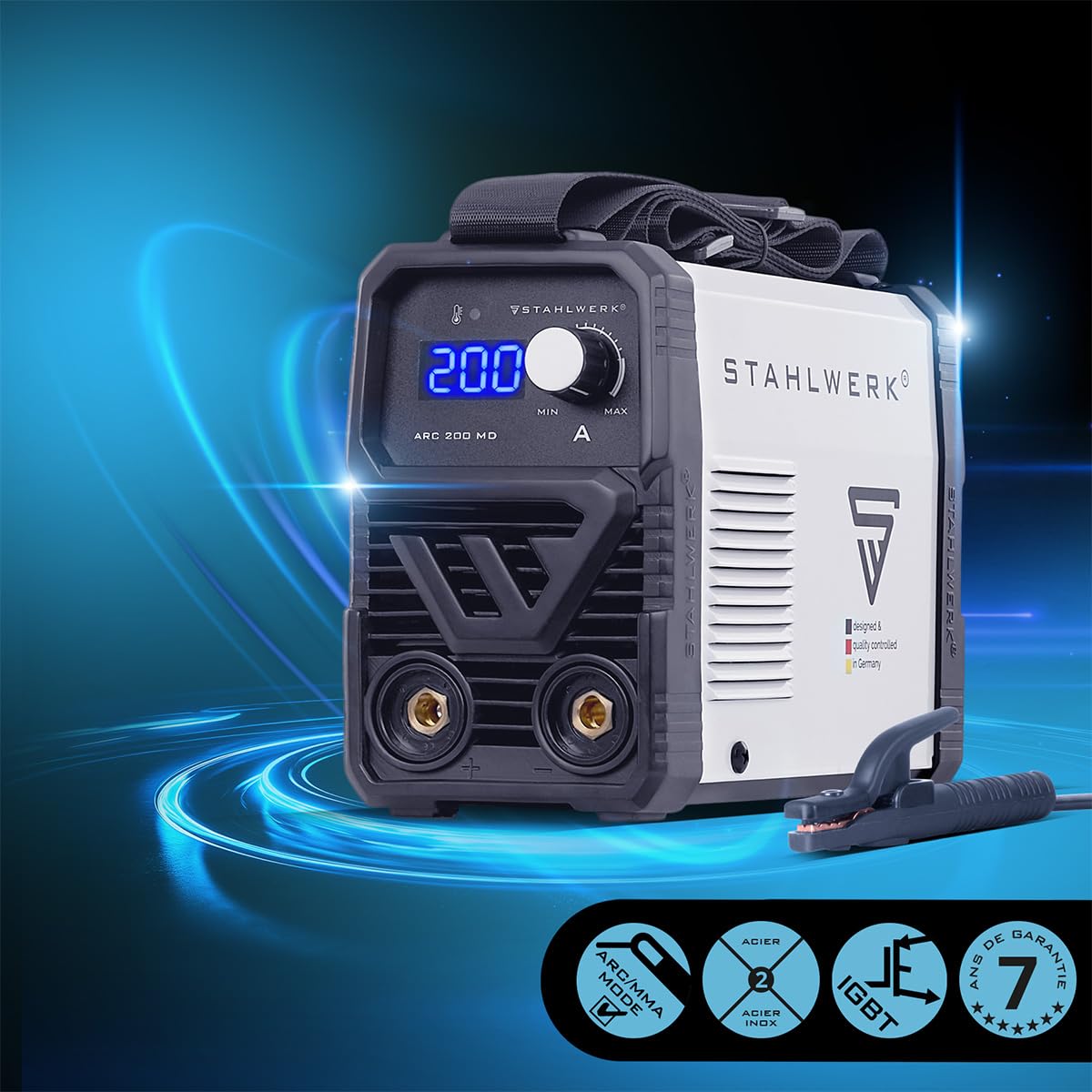 STAHLWERK Poste à souder à l'électrode ARC 200 MD – MMA jusqu'à 200 A, utilisation flexible sans gaz, compact & léger, Smart Cooling, Hotstart automatique, fonction Anti-Stick
