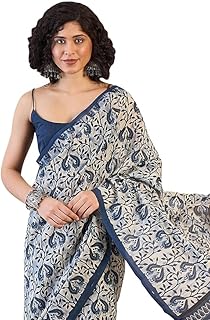 NK Textiles Women's Batik Block Print Navy Blue Colored Soft Mul Mul Cotton Saree with Blouse (4 DESIGNS)