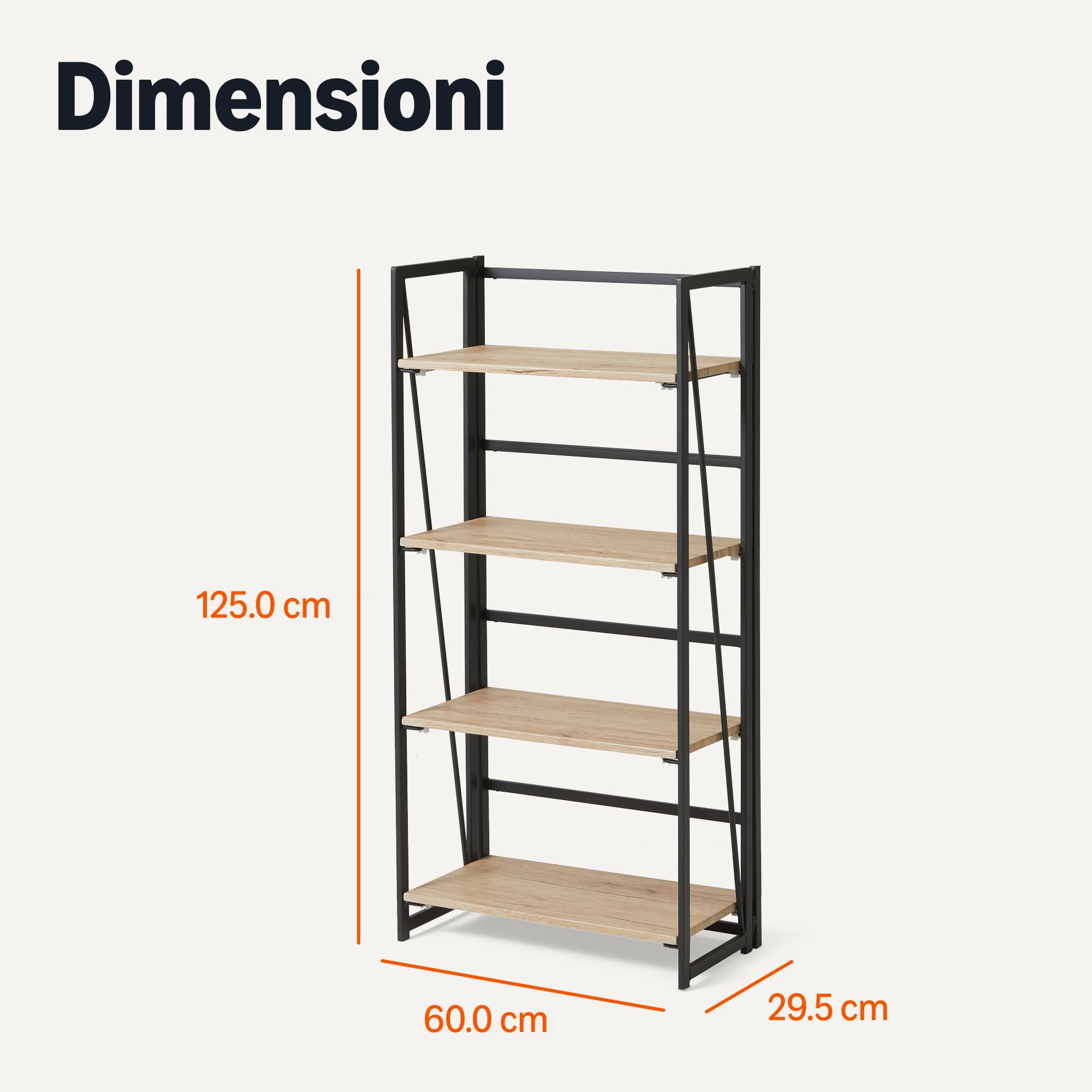 Amazon Basics - Libreria Pieghevole, Struttura in Metallo, 4 Ripiani in Legno, Soggiorno, Camera da Letto, Ufficio in Casa, Facile da Montare, Rovere, 29,5cm x 60cm x 125cm