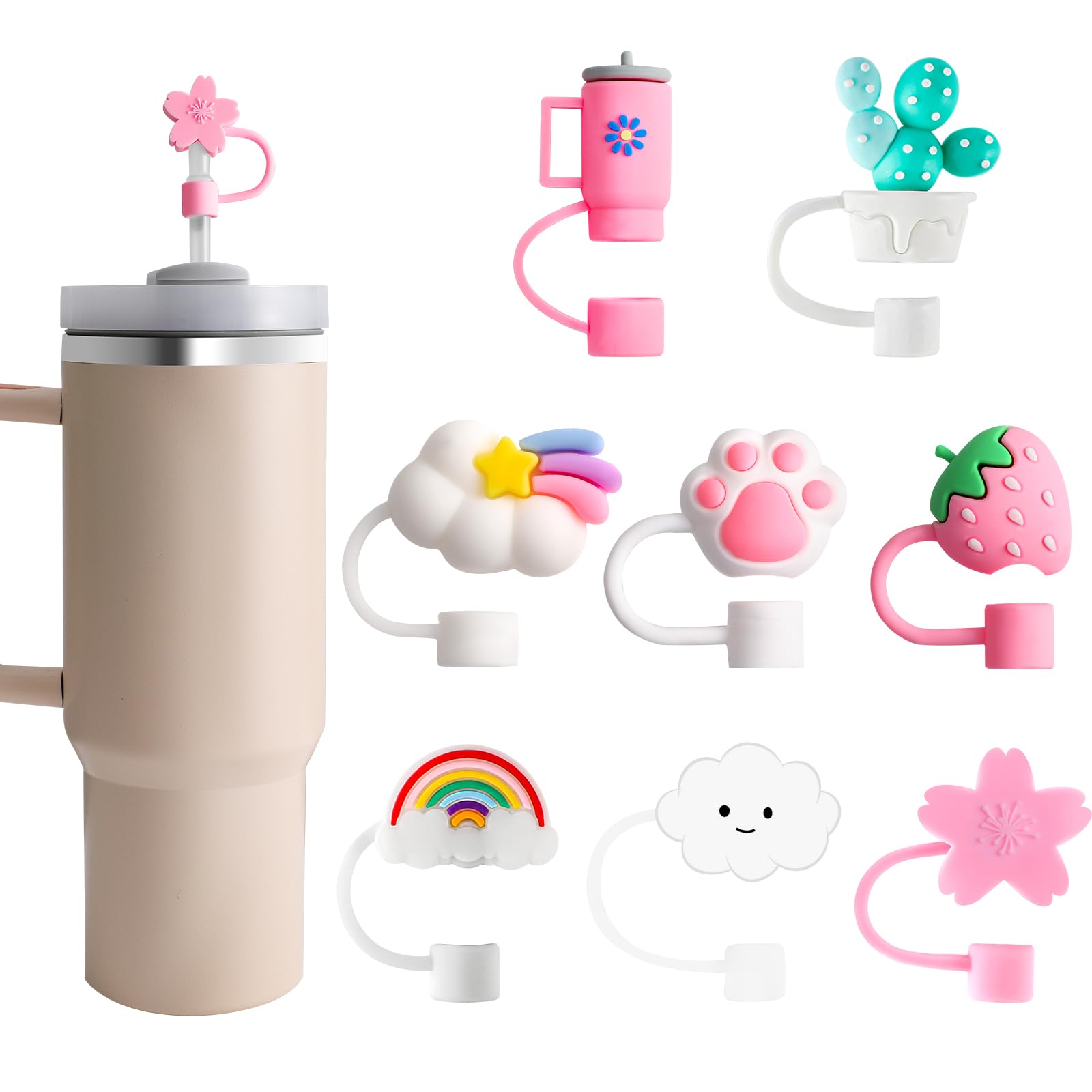 8 PCS Animal & Cloud Silicone Straw Covers For Stanley Tumblers - Cute Reusable Straw Toppers For 10mm Straws